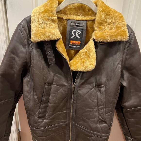 Sourock Brown Leather Jacket with Plush Shearling Collar Sz Large - Picture 4 of 10